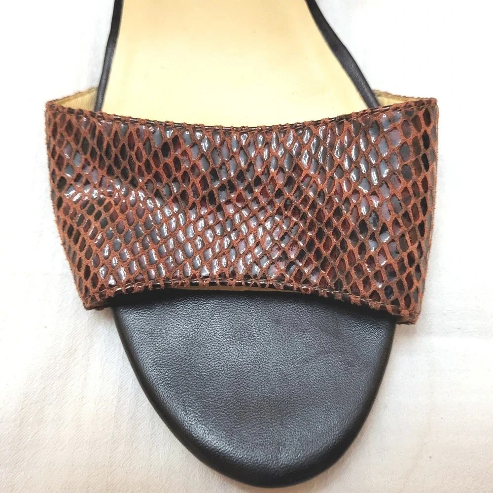 Cole Haan Rosalin Brown Snakeskin Black Ankle Strap Leather Wedge Sandal 8B